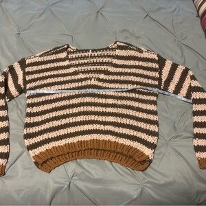 Free People Portland pullover Brown and Cream Striped V-Neck Sweater
